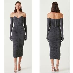 Alex Perry Iron Gray Strapless Sweetheart Ruched Crystal Jersey Midi Dress UK 8